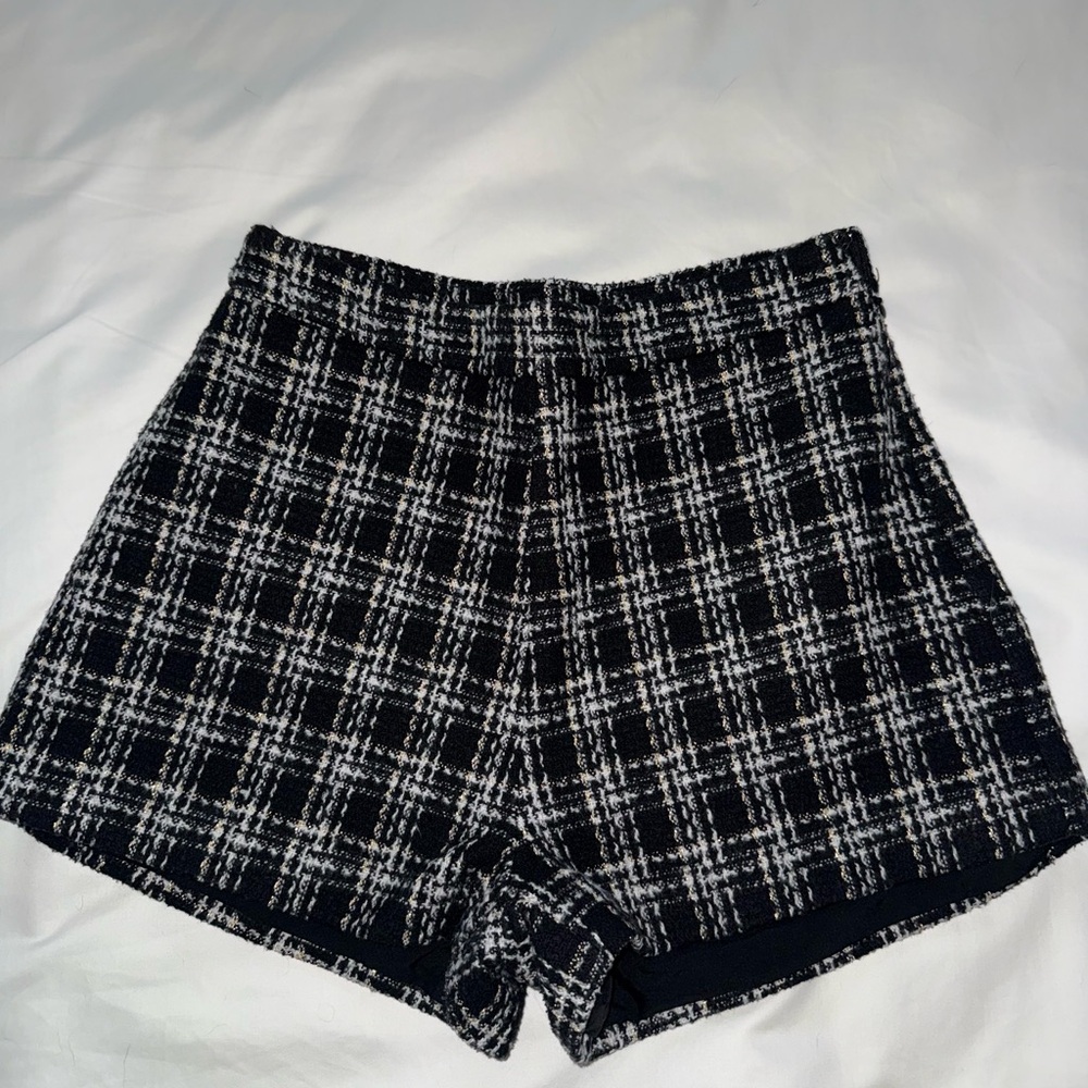 Aqua Plaid Black and White Shorts
